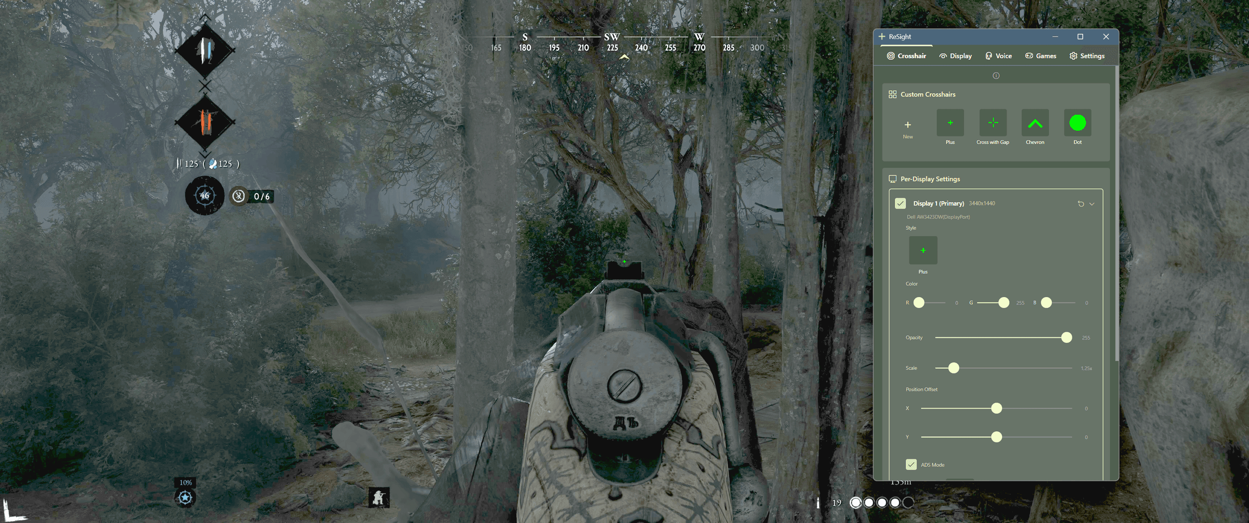 ReSight crosshair settings over Hunt: Showdown gameplay, showing the design gallery, color, opacity, scale, position offsets and ADS controls